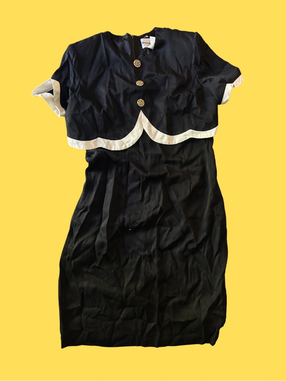 80s Corporarecore Black Dress with White Trim and Decorative Buttons